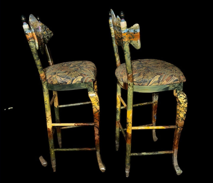 MacKenzie-Childs FOREST Fish   BARSTOOL With Fish BACK  RARE- Hand Painted