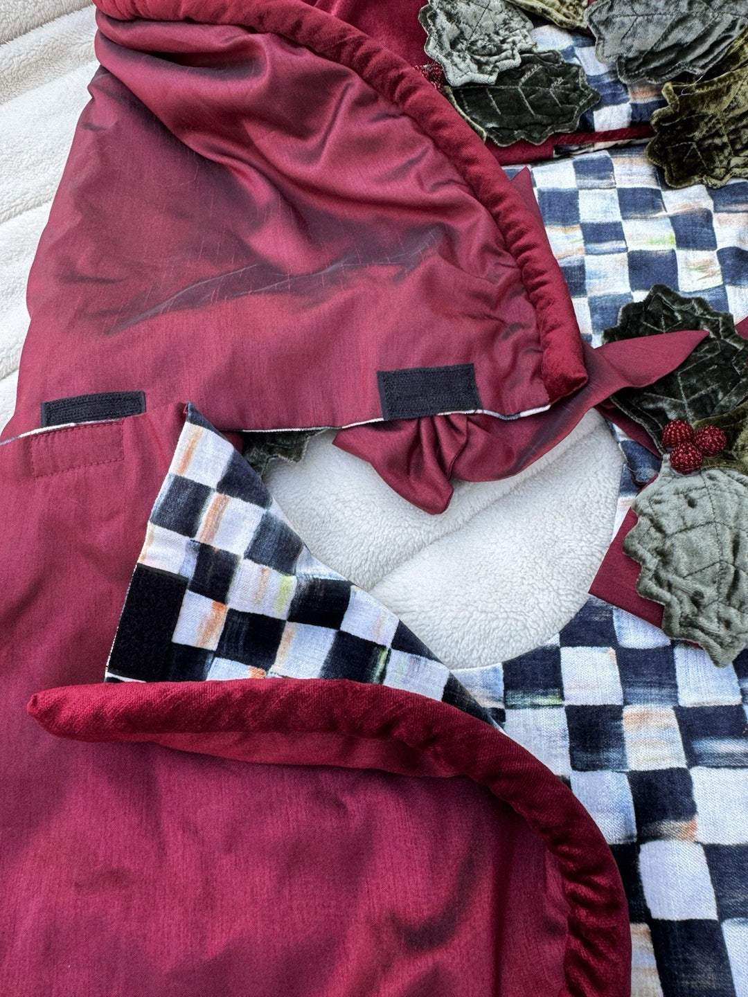 MacKENZIE CHILDS HOLIDAY   VELVET Holly And Beaded Courtly Check TREE SKIRT 46”