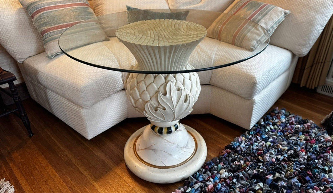 Mackenzie Childs Light Thistle Table Carved Wood With Glass Top From 2010