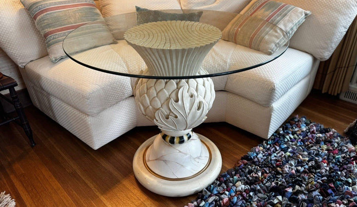 Mackenzie Childs Light Thistle Table Carved Wood With Glass Top From 2010