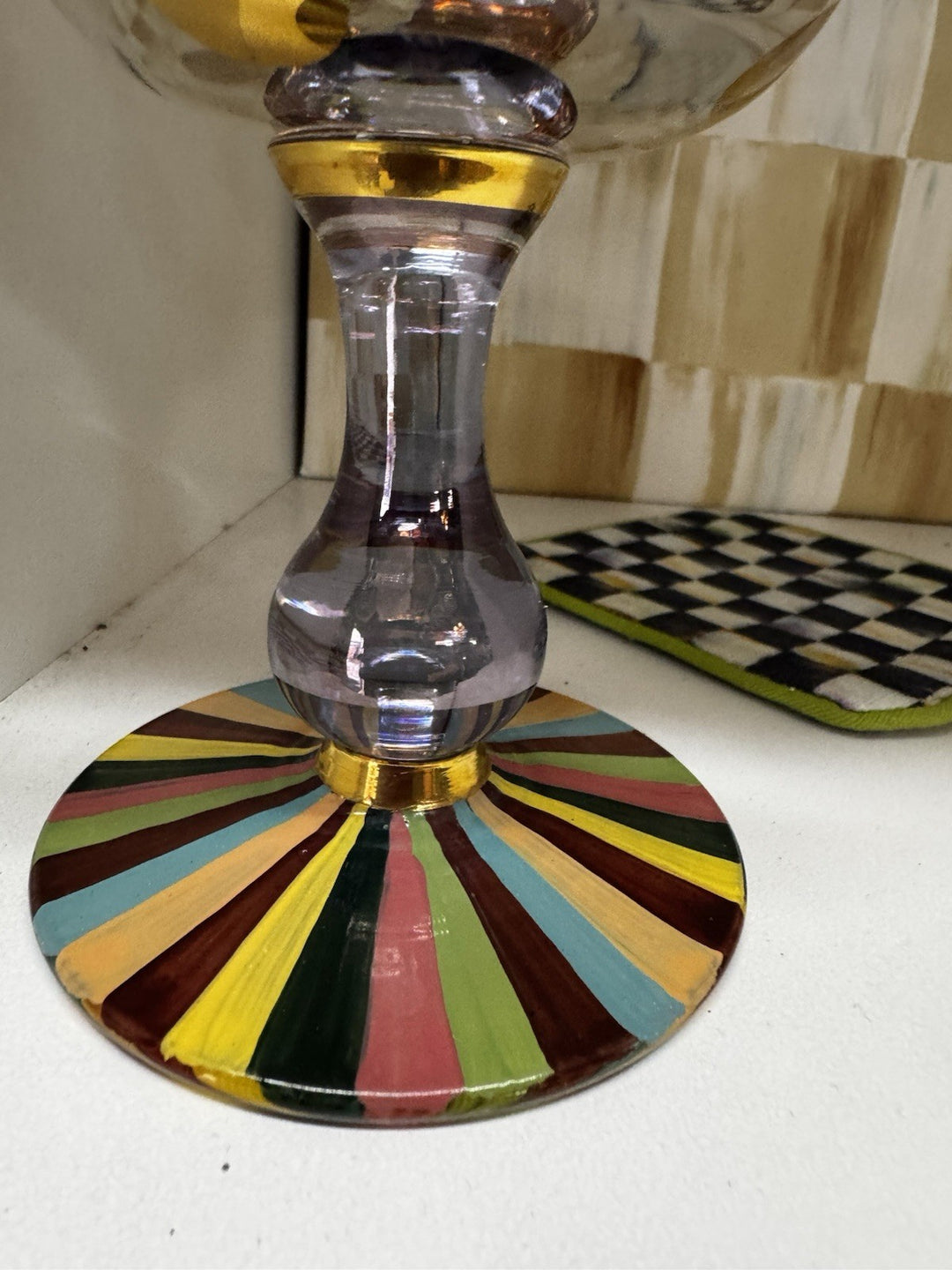 Mackenzie Childs foxtrot water goblet new retired pattern- Gold Dots And Rainbow