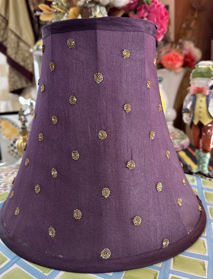 MacKenzie-Childs Purple Plum Gold Beaded Dots Lamp Shade White Lining New No Box