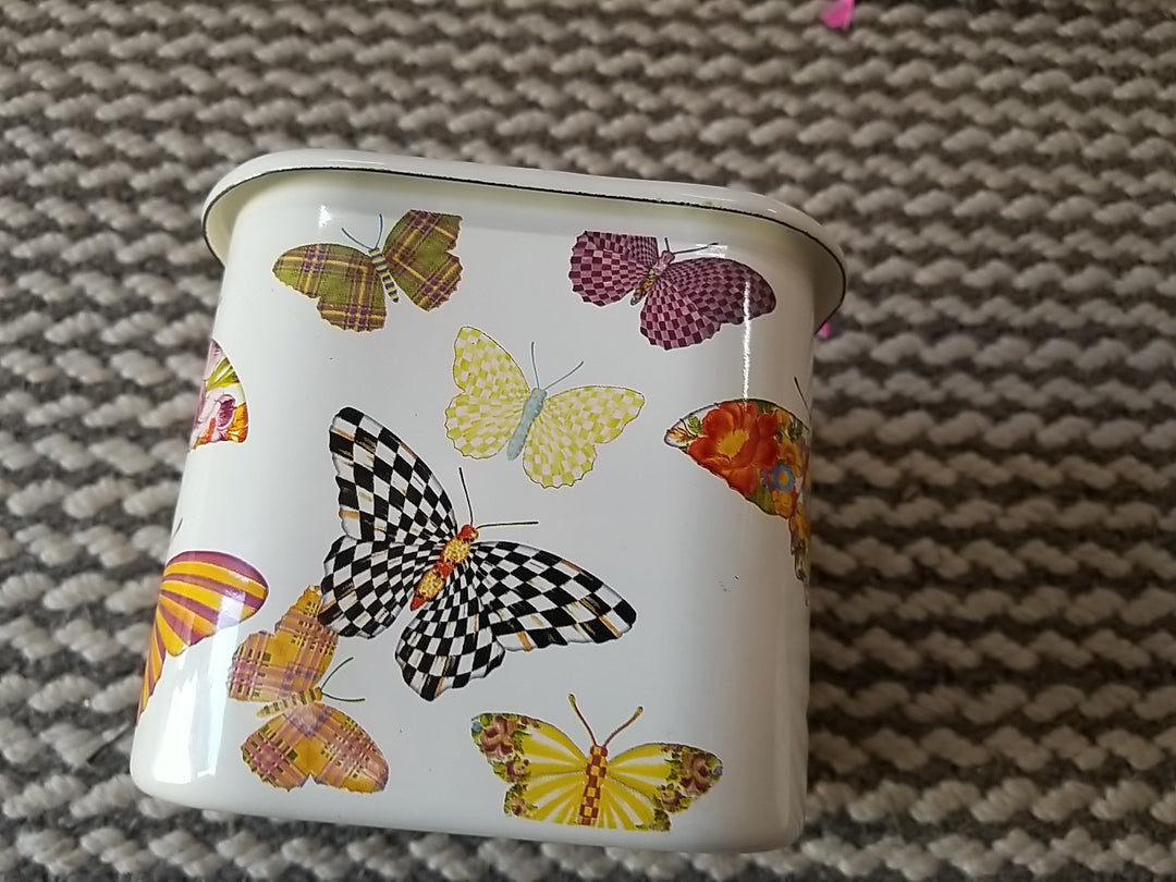 MacKenzie Childs Butterfly Garden Square Enamel Storage Container- New
