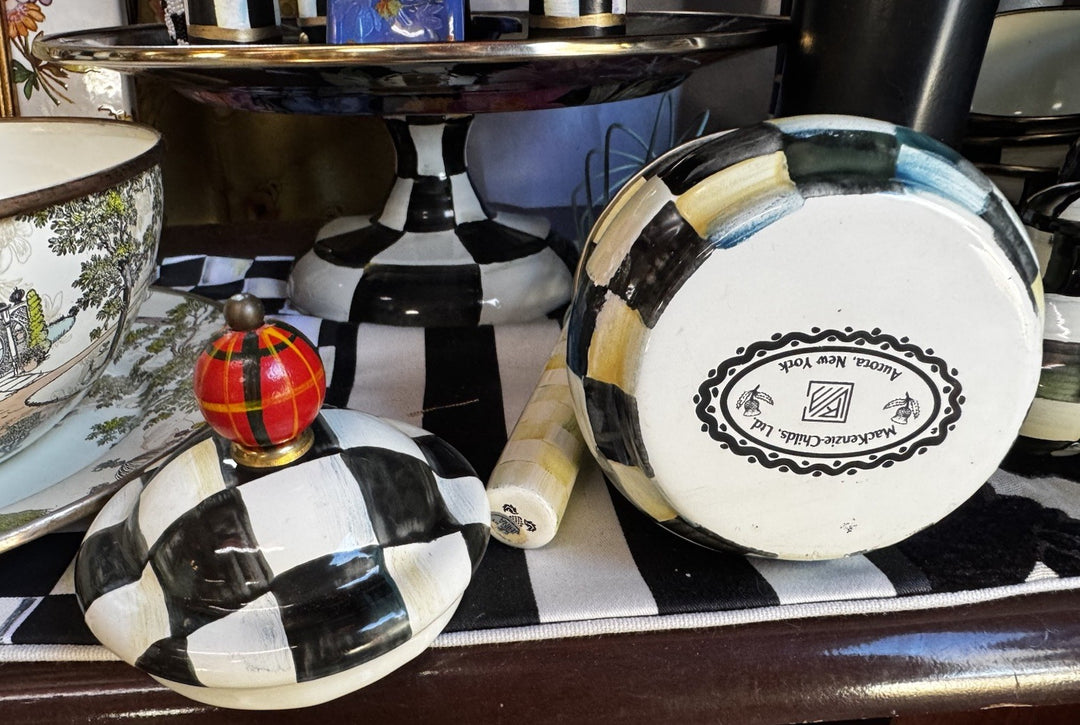 MacKenzie Childs Courtly Check Sugar Bowl with Lid Enamel Vintage