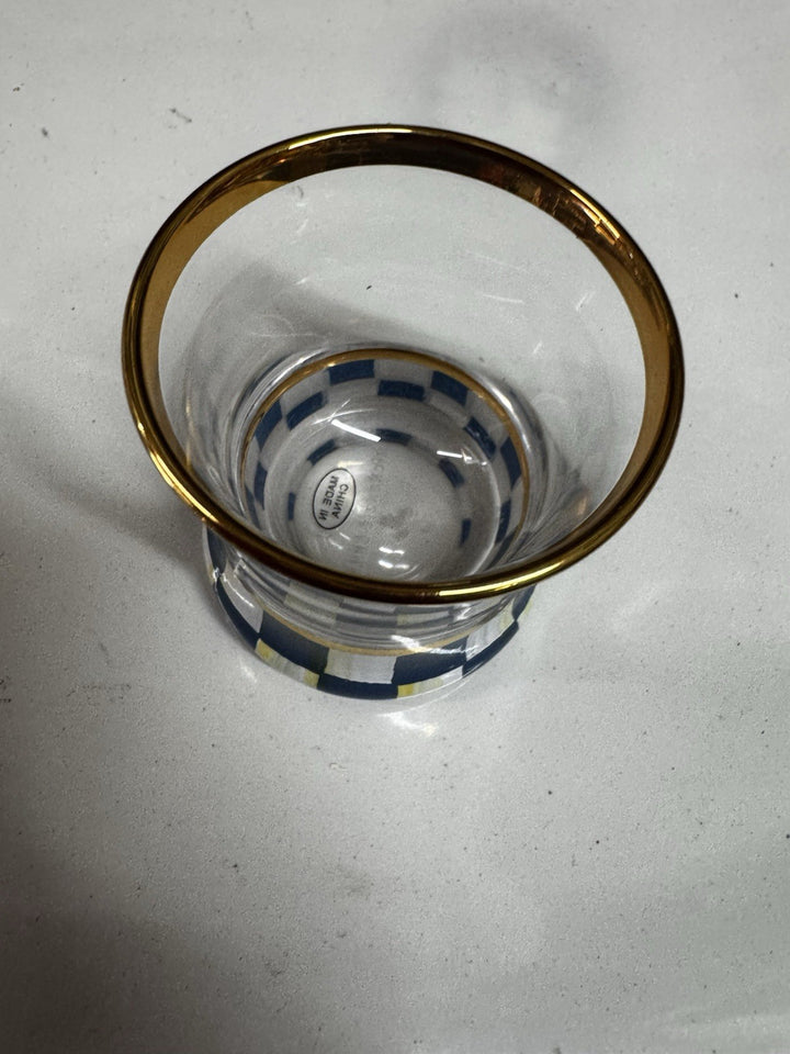 MacKenzie Childs SHOT GLASS Royal CHECK 2 OZ GOLD HAND PAINTED  NEW