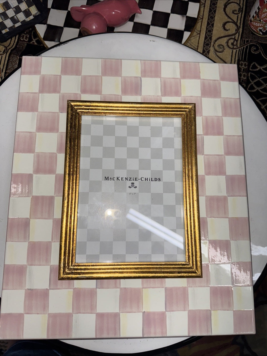 Mackenzie Childs Rosy CHECK picture frame holds 5”x7” ENAMEL