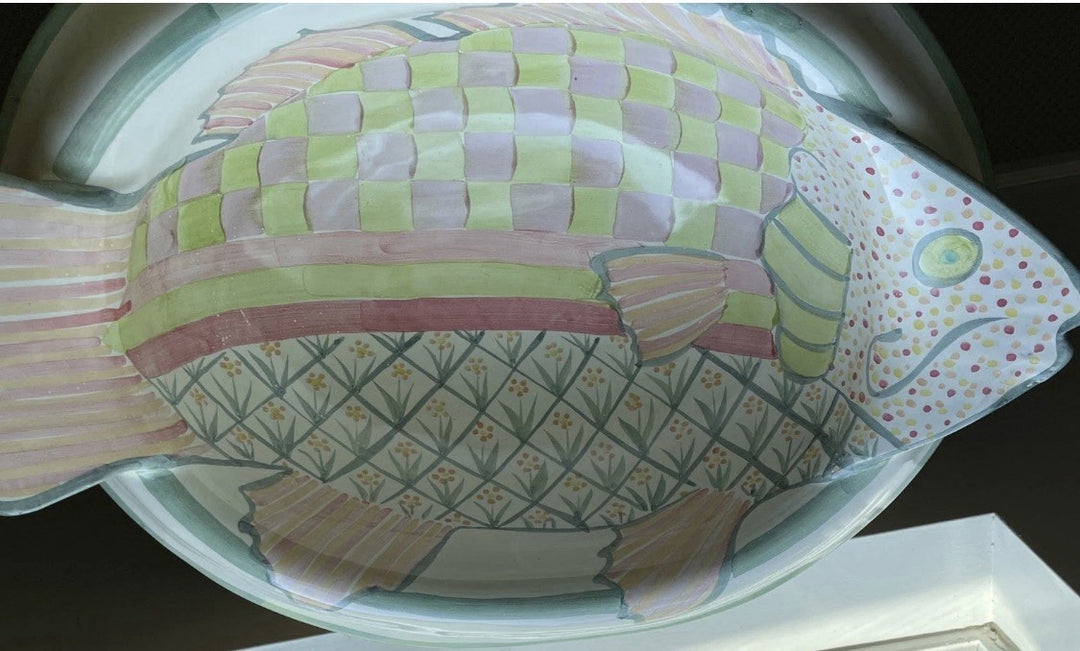 RARE & LARGE Mackenzie  Childs 20" Fish Pedestal Oval Bowl Made In Aurora 2002