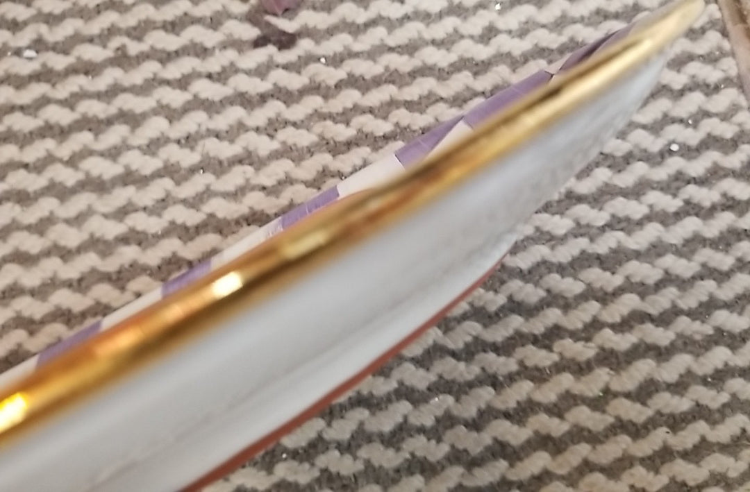 MacKenzie Childs Retired Plum Check Football 14”  Platter  Gold Trim NEW