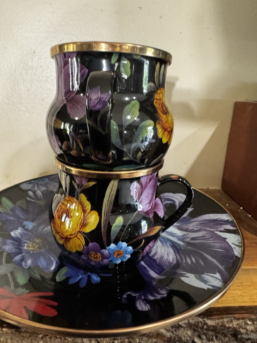 Mackenzie Childs On Black  Flower Market enamel Coffee cup mug Floral One New