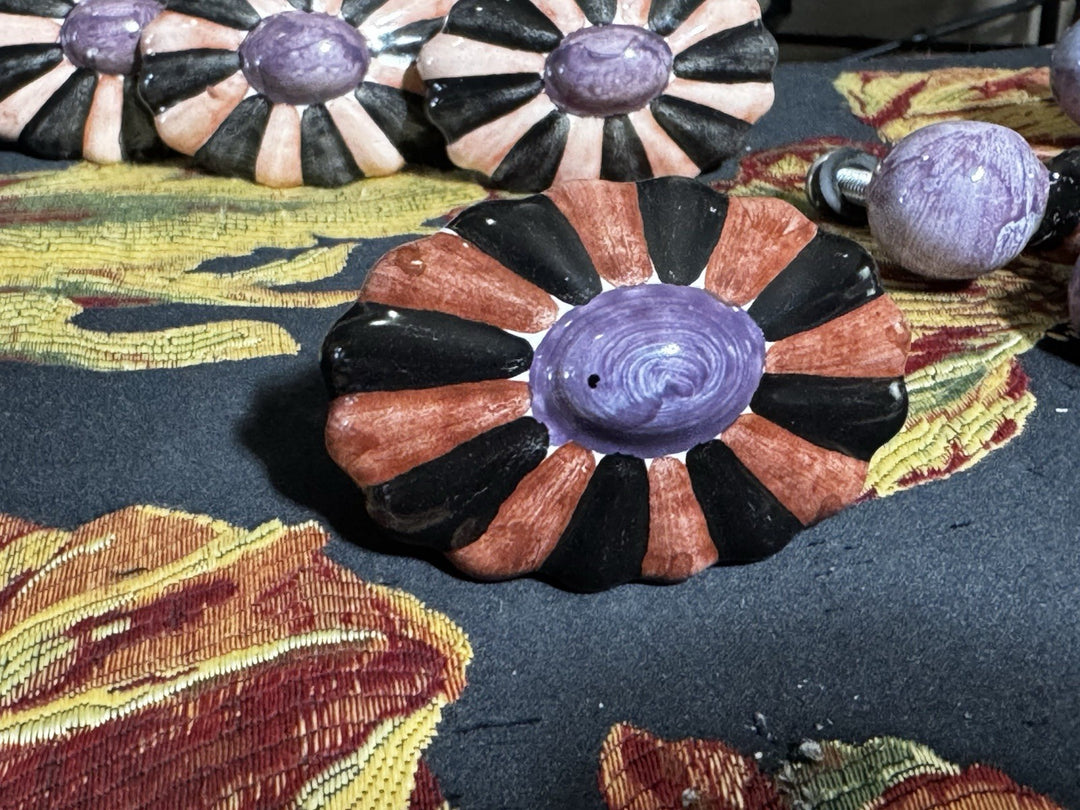 MacKenzie Childs  Ribbed Majolica Cabinet Pulls 2-Knob- Orange, Black And Purple