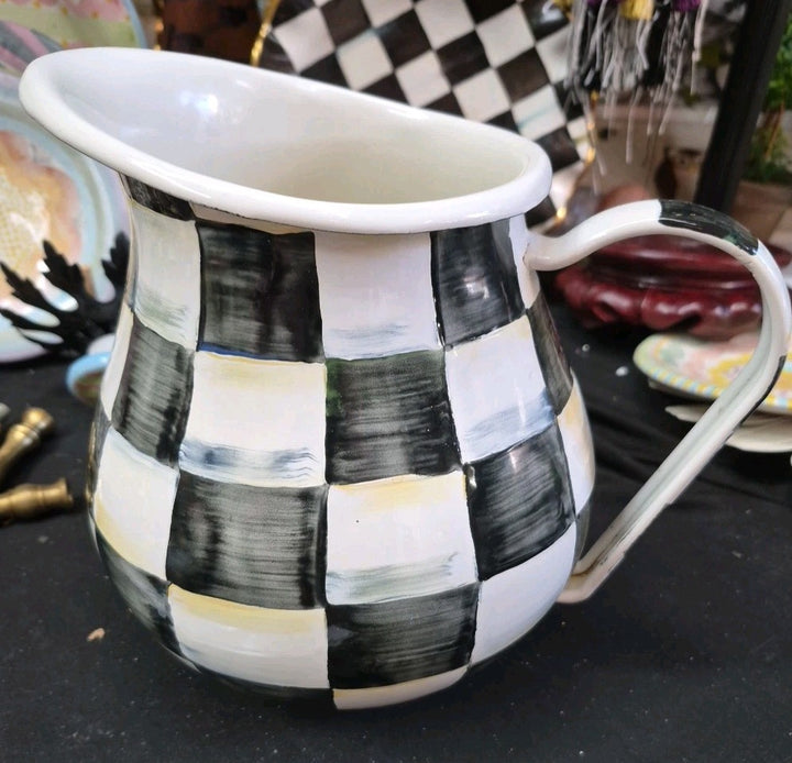 Mackenzie Childs Courtly Check Water Pitcher Enamelware Decor Black White 3 qt