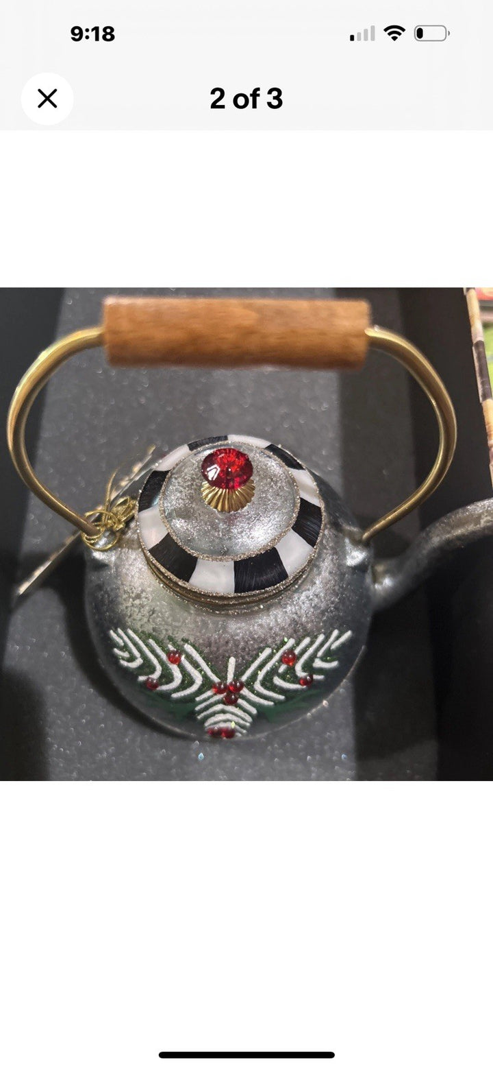 Mackenzie Childs Farmhouse Holiday Tea Kettle Ornament- Retired New In Box
