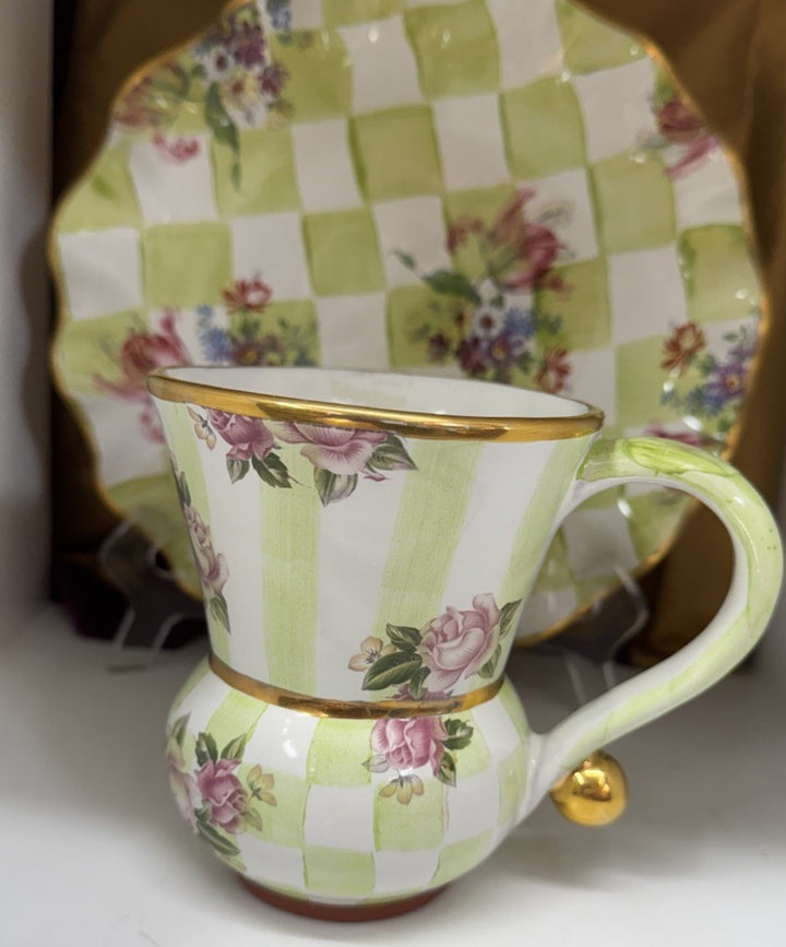 Mackenzie Childs Green Coffee Mug Pottery Honeymoon Sweet Pea Gold Rimmed- Used