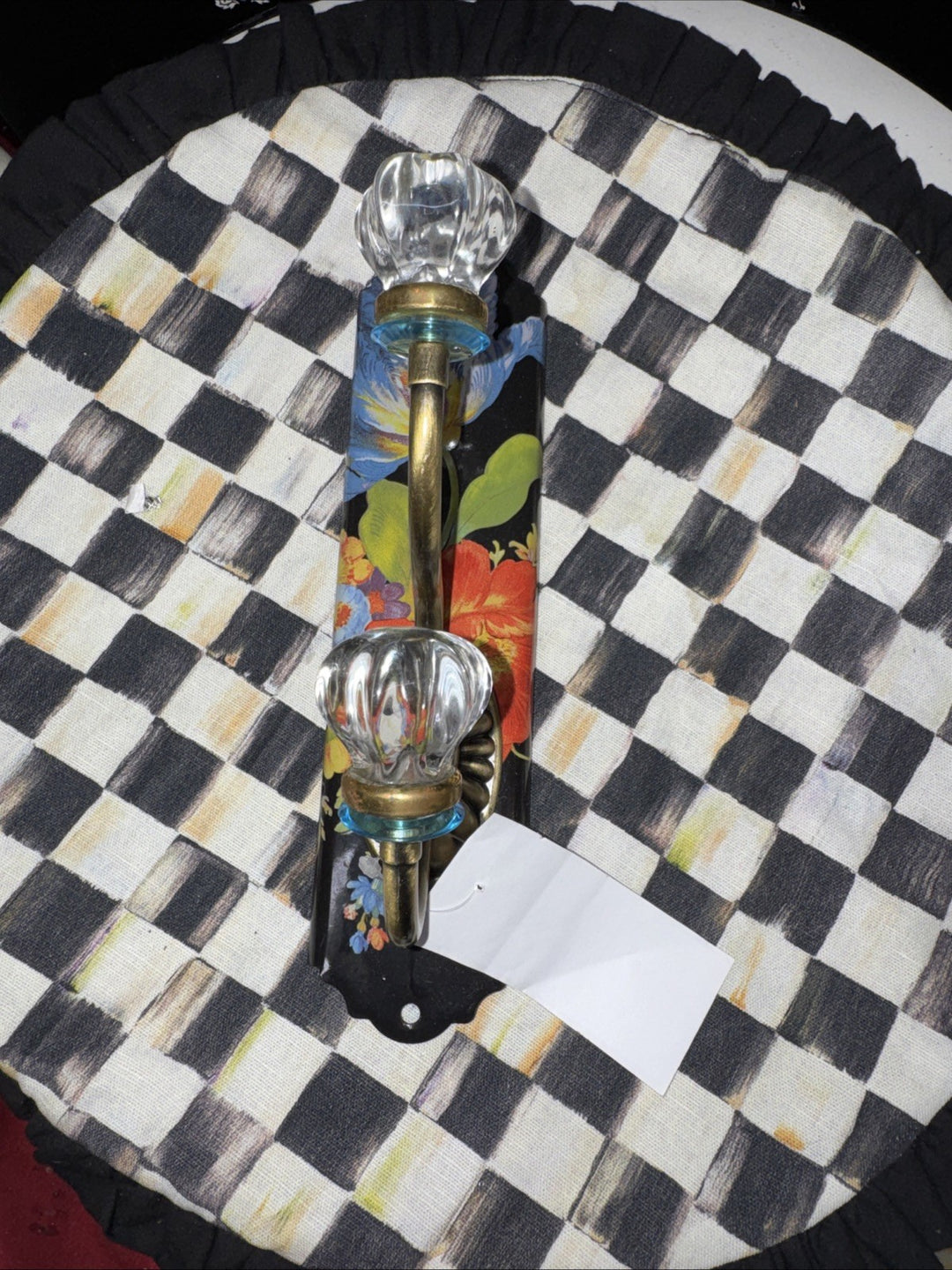 MacKenzie Childs Black Flower Market Enamel Double Wall Hook Blue Rings- Retired