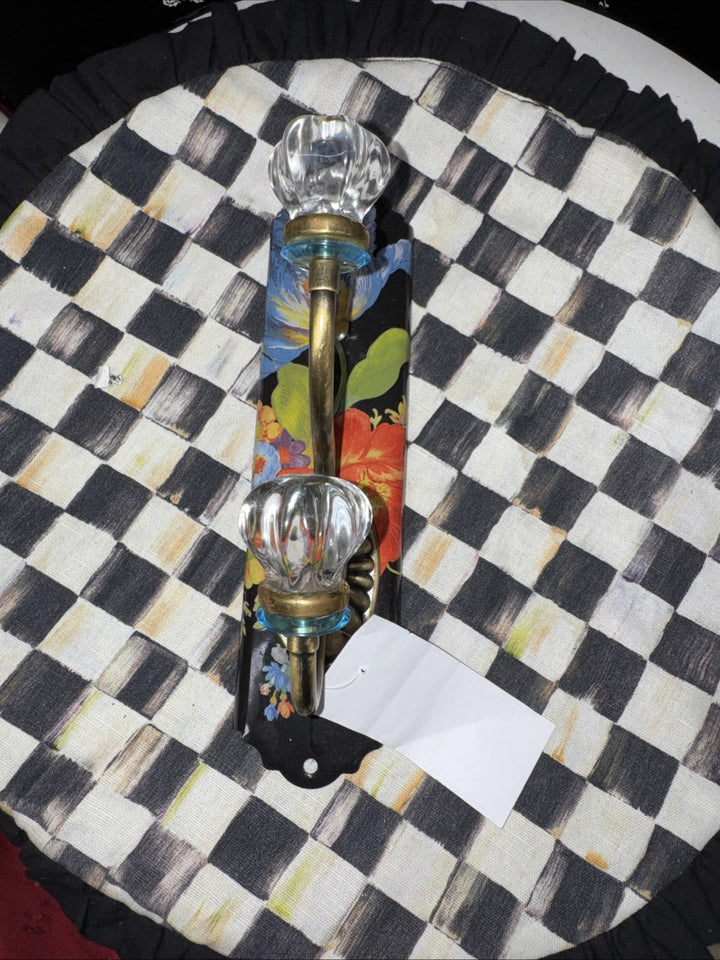 MacKenzie Childs Black Flower Market Enamel Double Wall Hook Blue Rings- Retired