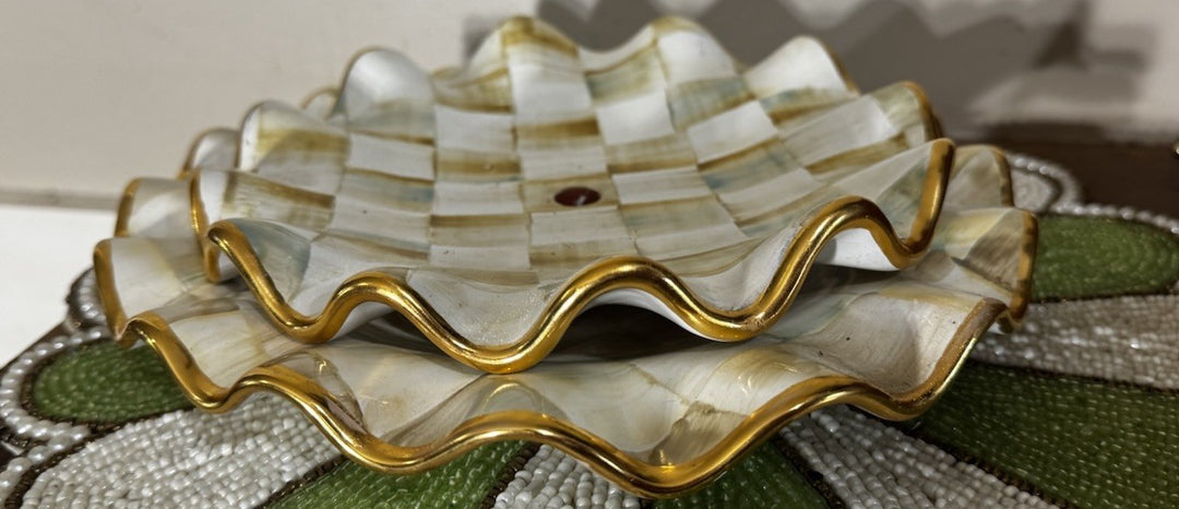 Mackenzie Childs Parchment Check Ceramic 9” Plate Fluted With Hole