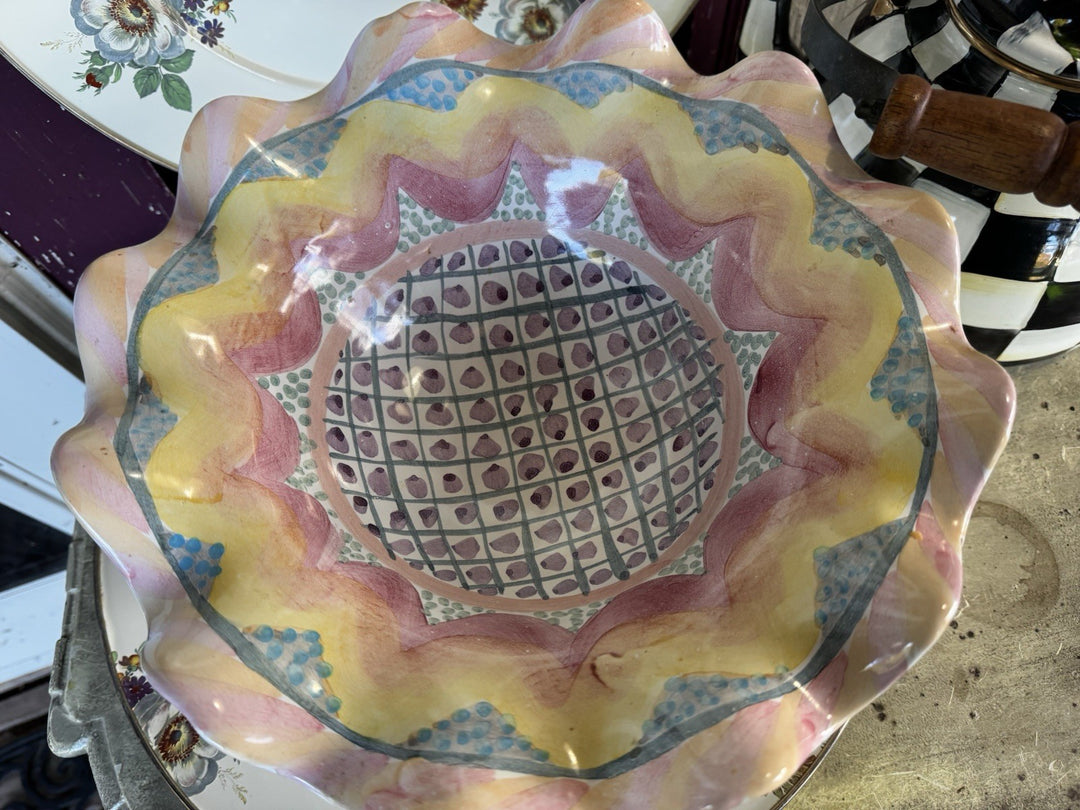 Vintage Mackenzie Childs Kukenhoff Compote Fruit Bowl Pedestal 12"- 2001