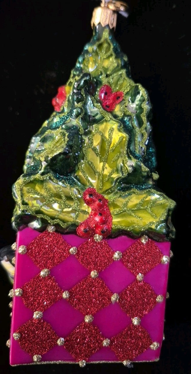 Mackenzie Childs CHICKADEE HOLLY HOUSE Christmas Ornament Blown Glass - NEW/BOX!