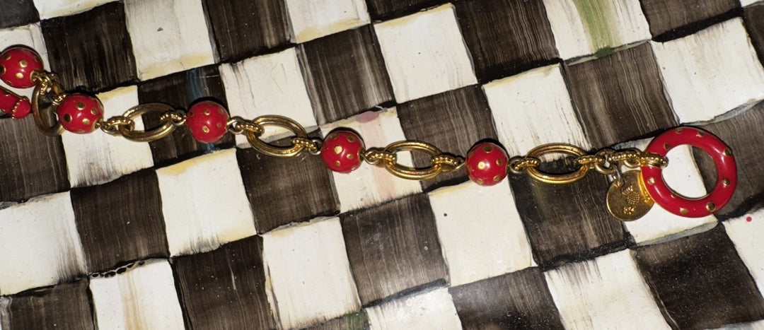 Mackenzie Childs Red Polka Dot Enamel Toggle Charm Bracelet- 8" inch Retired