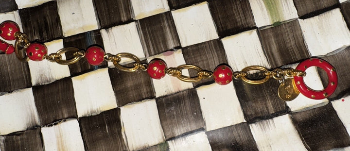 Mackenzie Childs Red Polka Dot Enamel Toggle Charm Bracelet- 8" inch Retired