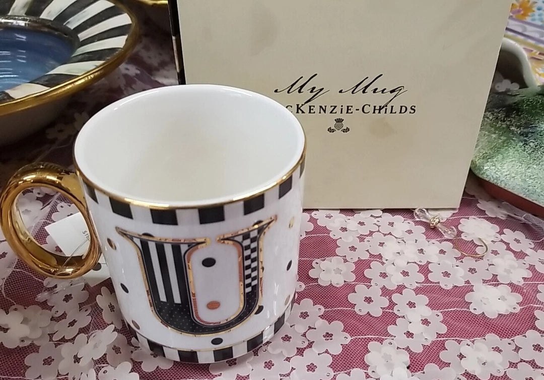 MacKenzie Childs My Mug Initial U Coffee Cup White, Black & Gold NIB