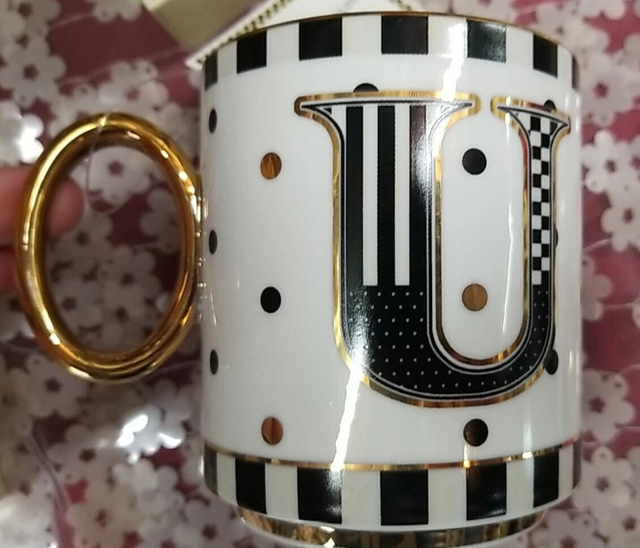 MacKenzie Childs My Mug Initial U Coffee Cup White, Black & Gold NIB