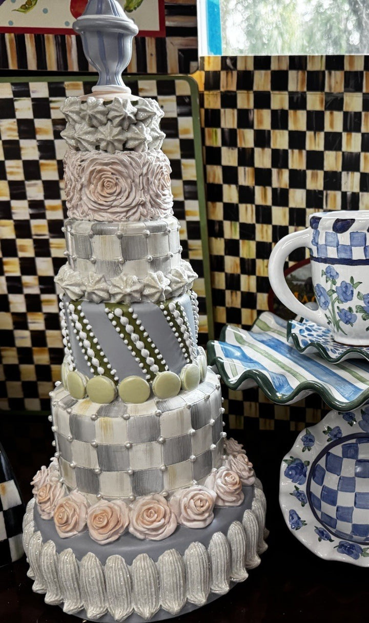 Mackenzie Childs 16.5" Tall Cameo Blue & Green Tiered Cake Courtly Check New