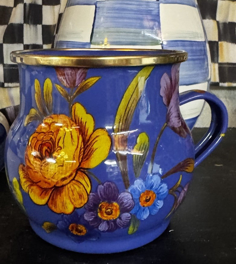 MacKenzie Childs Blue Lapis Flower Market Enamel 16 oz. Mug  NEW