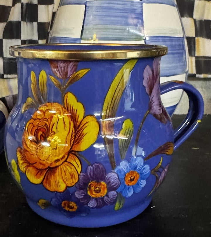 MacKenzie Childs Blue Lapis Flower Market Enamel 16 oz. Mug  NEW