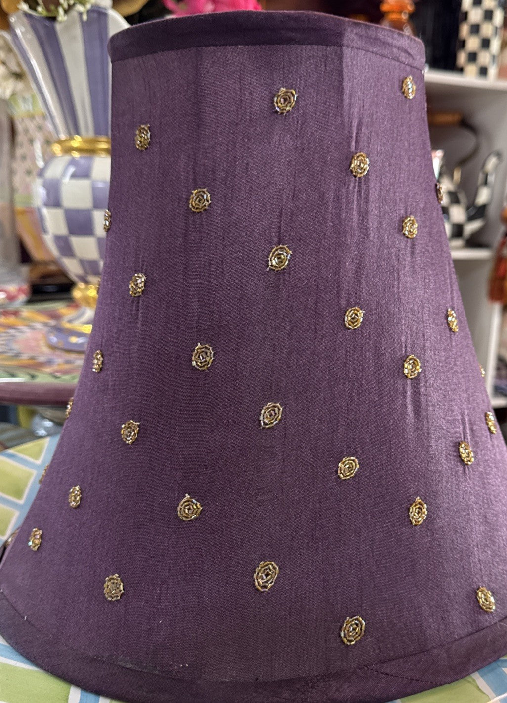 MacKenzie-Childs Purple Plum Gold Beaded Dots Lamp Shade White Lining New No Box