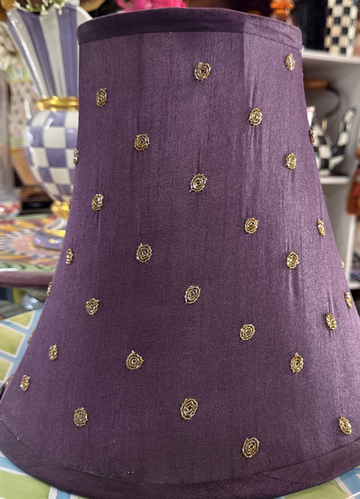 MacKenzie-Childs Purple Plum Gold Beaded Dots Lamp Shade White Lining New No Box