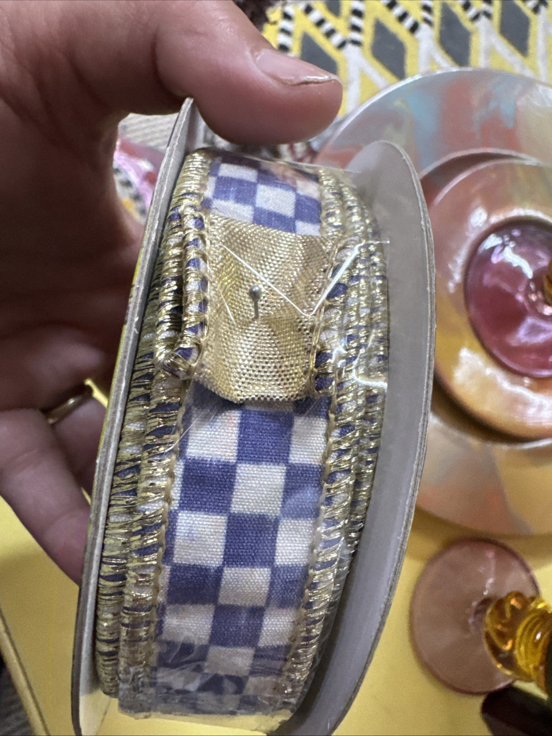 Mackenzie Childs Violet Check And  Gold 1" Wide Wire RIBBON NEW 10YD