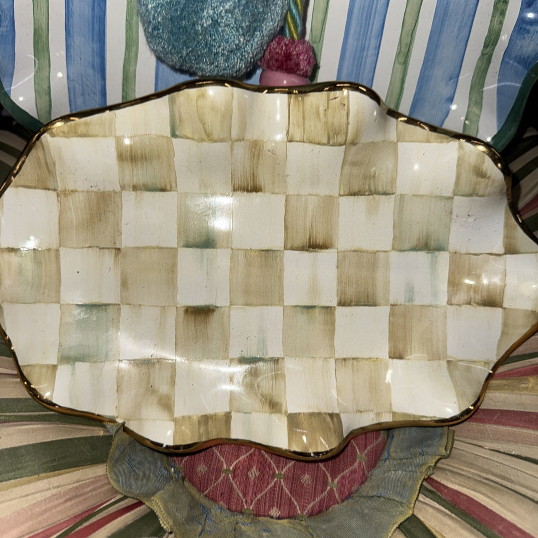 Mackenzie Childs Ceramic Parchment Check Fluted Oval Platter 6” X 9”