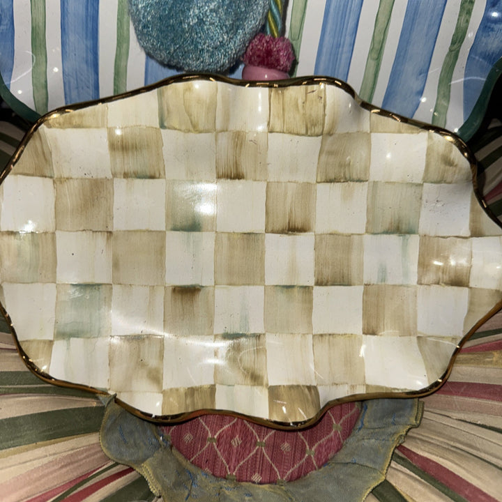Mackenzie Childs Ceramic Parchment Check Fluted Oval Platter 6” X 9”
