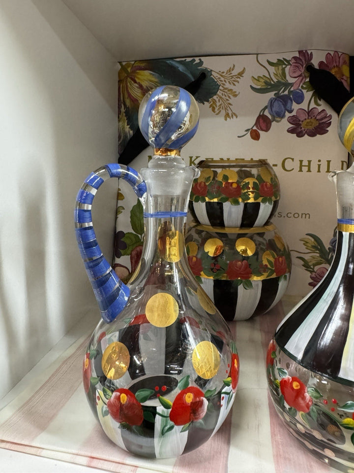 Mackenzie Childs Oil Or Vinegar Cruet Blue Top Red Flowers Circus Design 7.25”