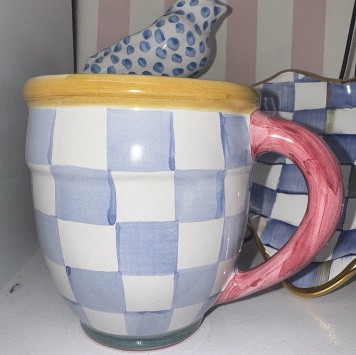 Mackenzie Childs Check Mate  Mug Blue Sky Check Hand Painted Majolica NWT