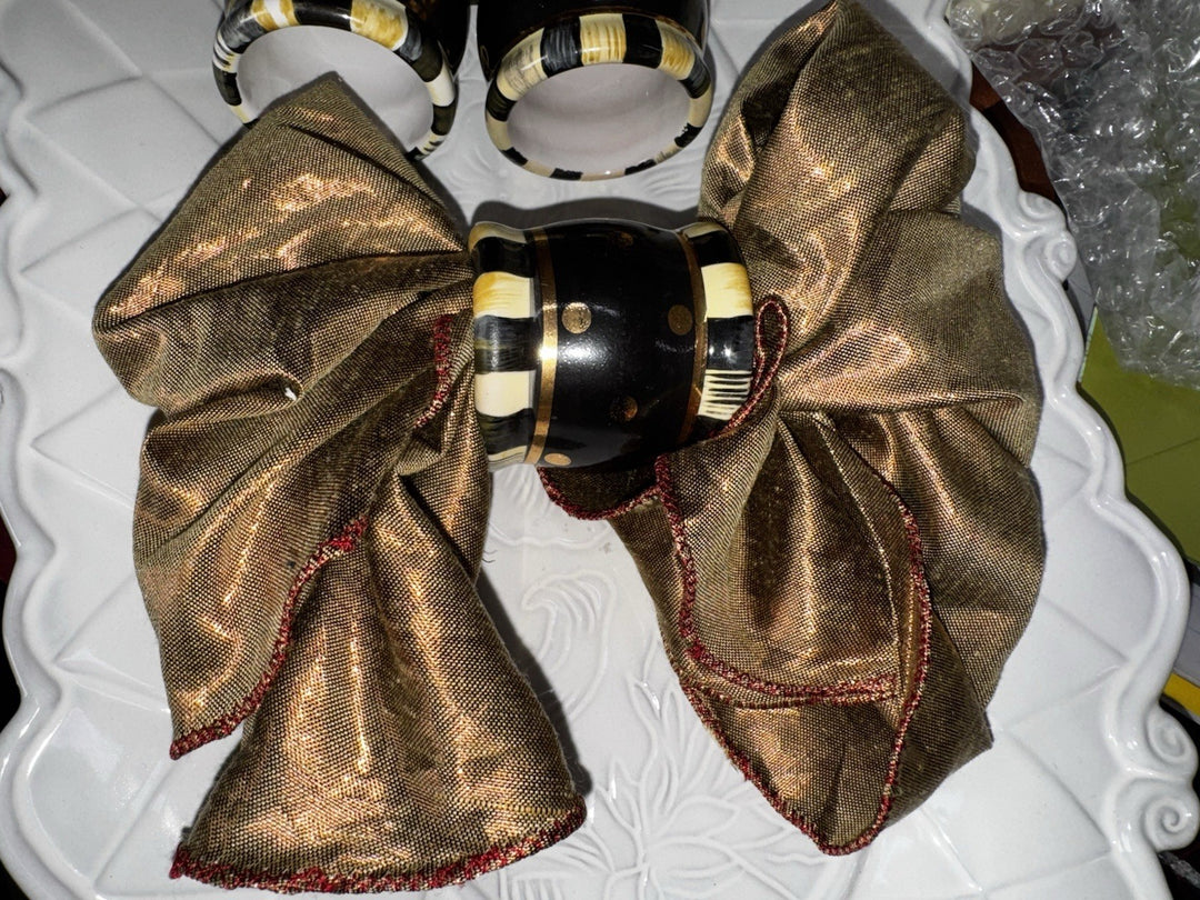Lot of 4 Mackenzie Childs Napkin Rings Ceramic Black Tie Courtly Stripe