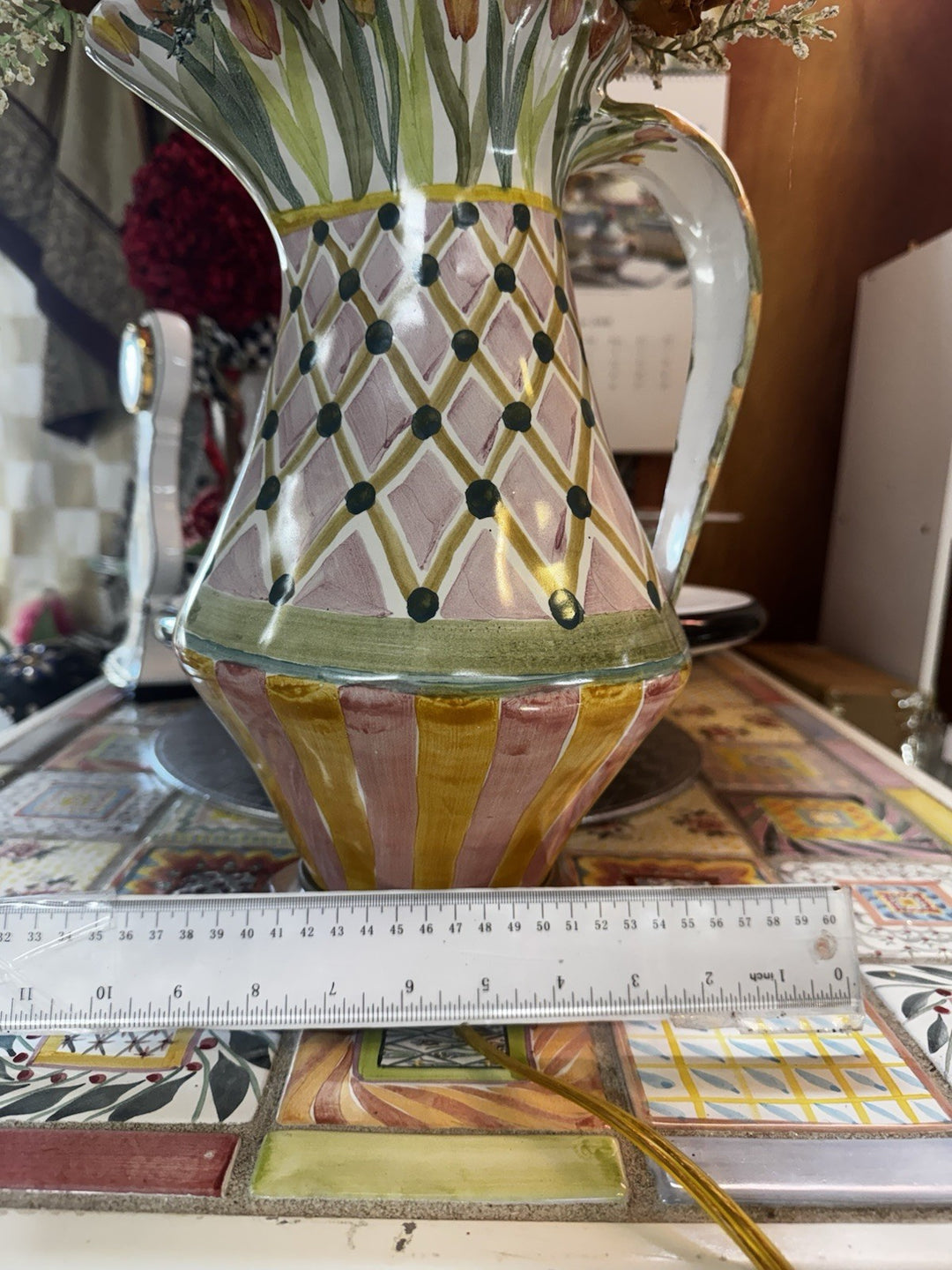 Mackenzie Childs  Sherwood Garden Pitcher Lamp With Dried Flowers 31” Tall