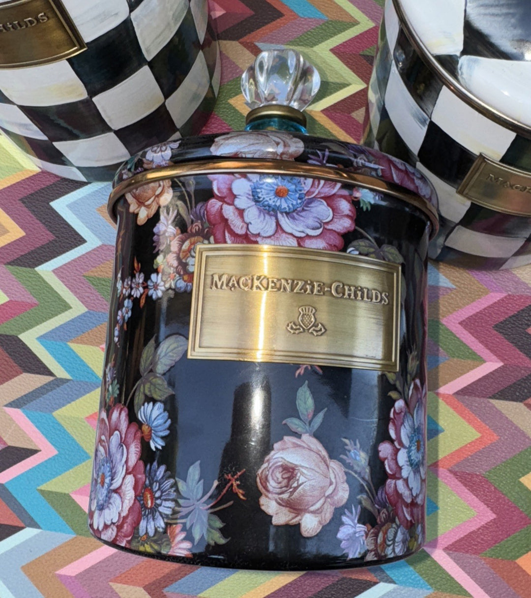 Flower Market Black by MacKenzie-Childs Small  Canister 7.5" x 4.75" Blue Ring