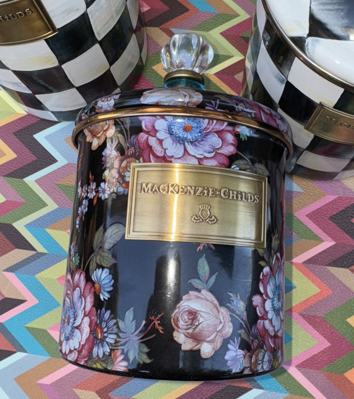 Flower Market Black by MacKenzie-Childs Small  Canister 7.5" x 4.75" Blue Ring