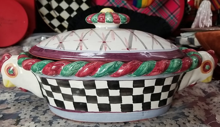 Retired  Mackenzie Childs Chicken Casserole  Dish With Lid - Ceramic- Read