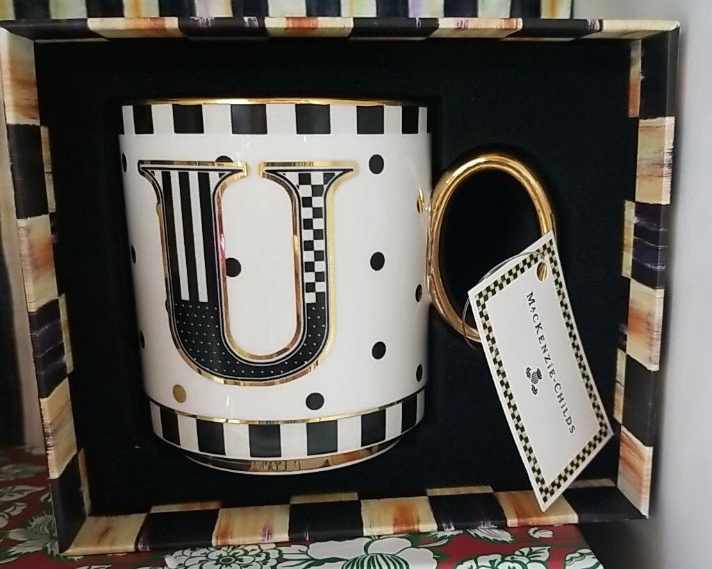 MacKenzie Childs My Mug Initial U Coffee Cup White, Black & Gold NIB