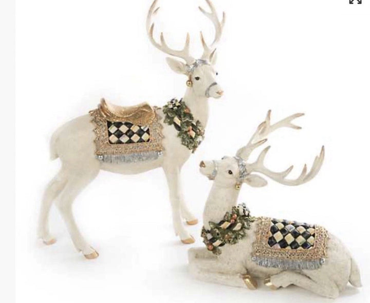 Mackenzie Childs Set Of 2 Winter White Stag Standing And Matching Resting Stag