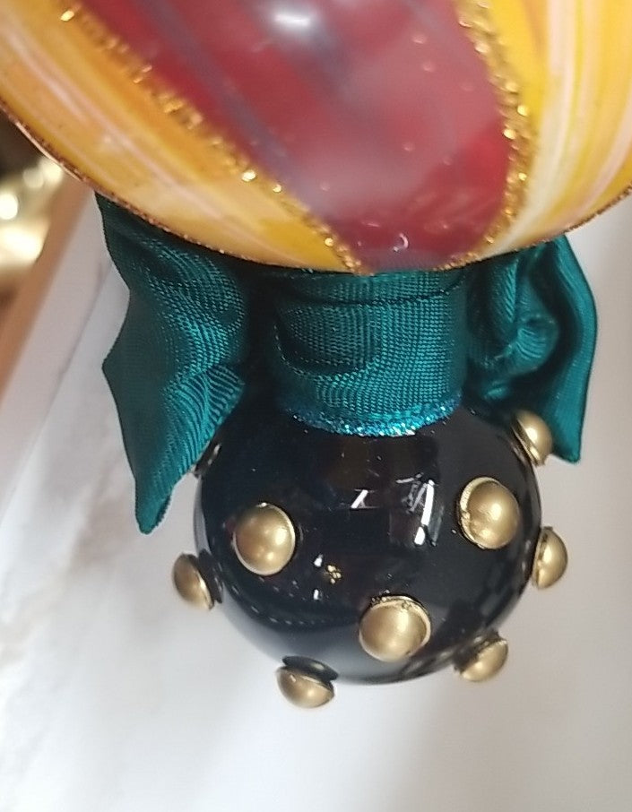 MacKenzie Childs Frank And Mustard  Striped Double Drop Glass Ornament