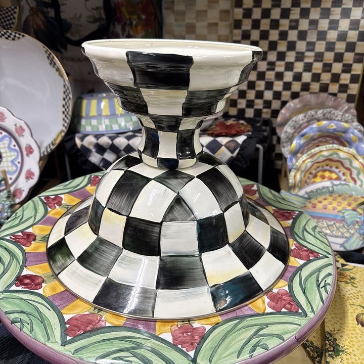 MacKenzie Childs Courtly Check Large Pedestal Compote Bowl Glossy