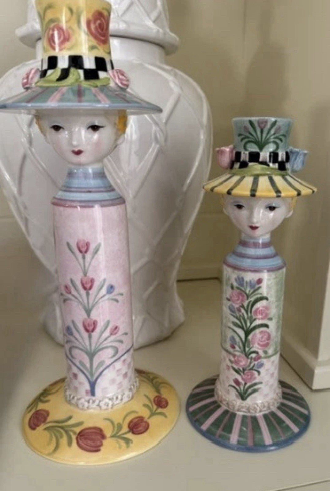 SET OF 2 MACKENZIE CHILDS ROSY MEADOW LADY CANDLEHOLDERS "NEW" Retired