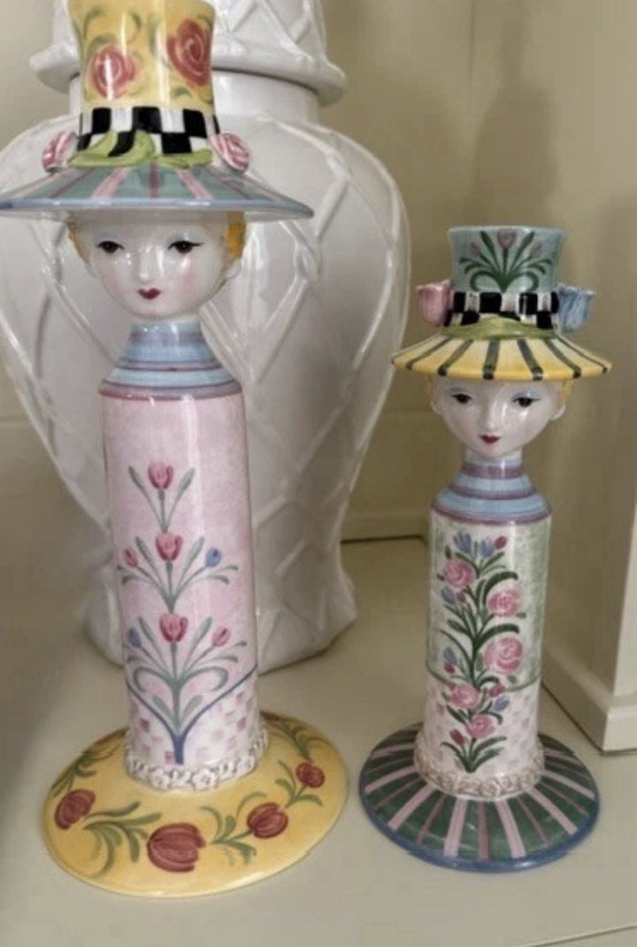 SET OF 2 MACKENZIE CHILDS ROSY MEADOW LADY CANDLEHOLDERS "NEW" Retired