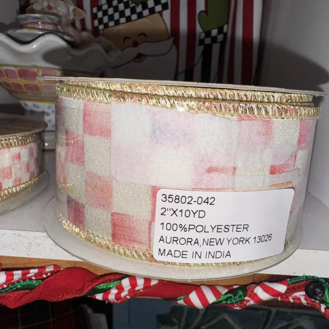 MacKenzie Childs 1 Roll Rosy  Check Wired Ribbon Red  2”wide-10yards Roll Pink
