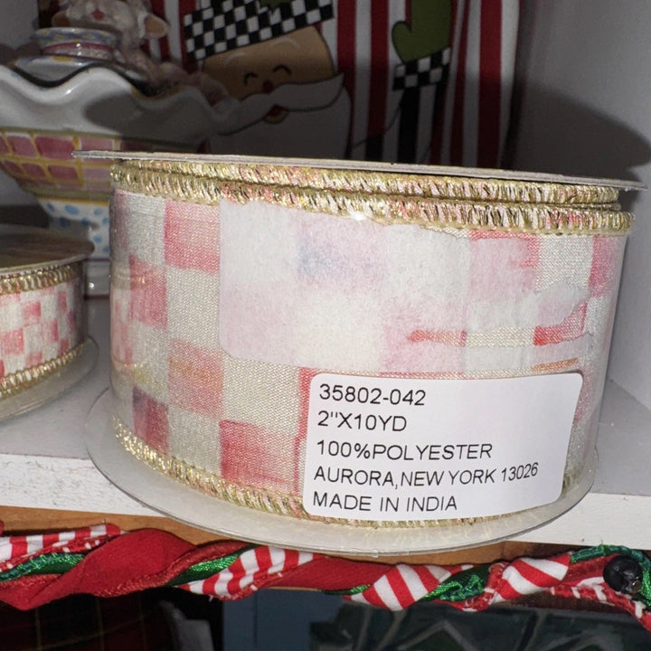 MacKenzie Childs 1 Roll Rosy  Check Wired Ribbon Red  2”wide-10yards Roll Pink