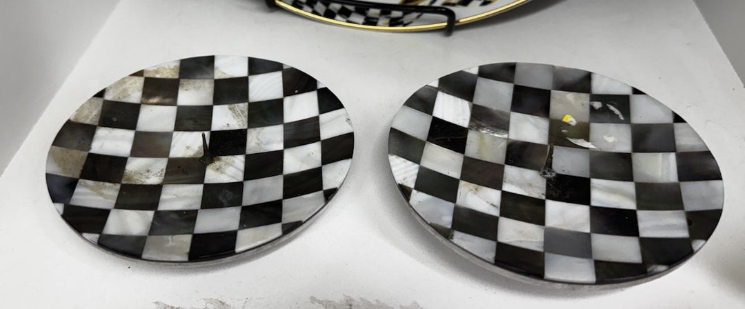 Mackenzie Childs Round Candle Holders Black & Pearlized  - Set Of 2- Retired